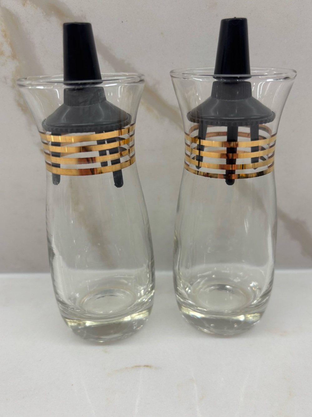 Vintage Pyrex MCM Black and Gold Glass Stripped Salt and Pepper Shaker Set